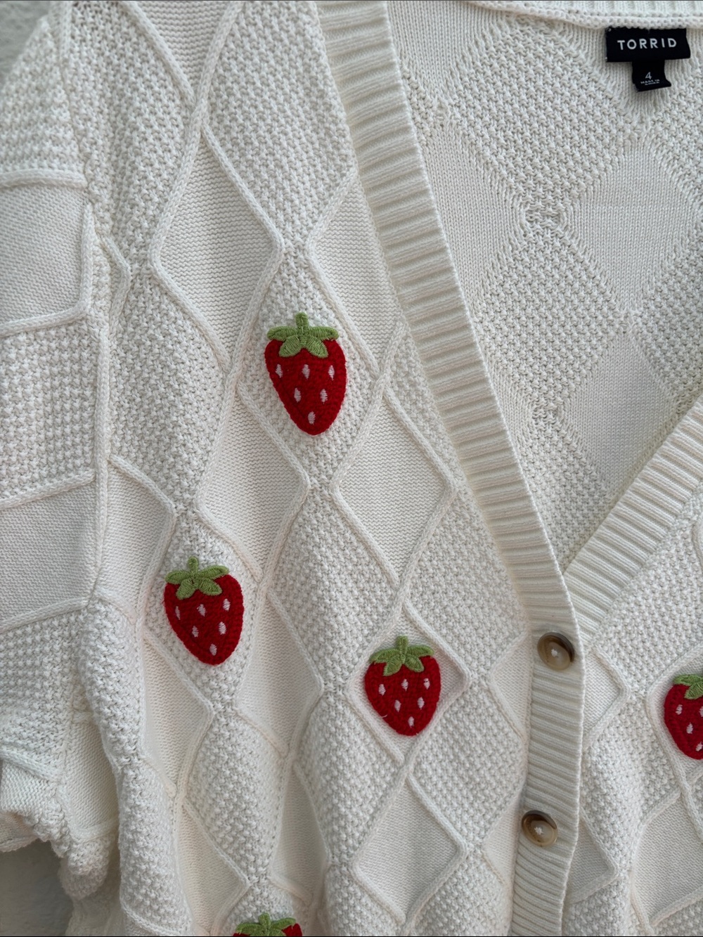 Torrid 100% Cotton Embroidered Strawberry Textured Sweater Cardigan Plus Sz 4X - Picture 5 of 11